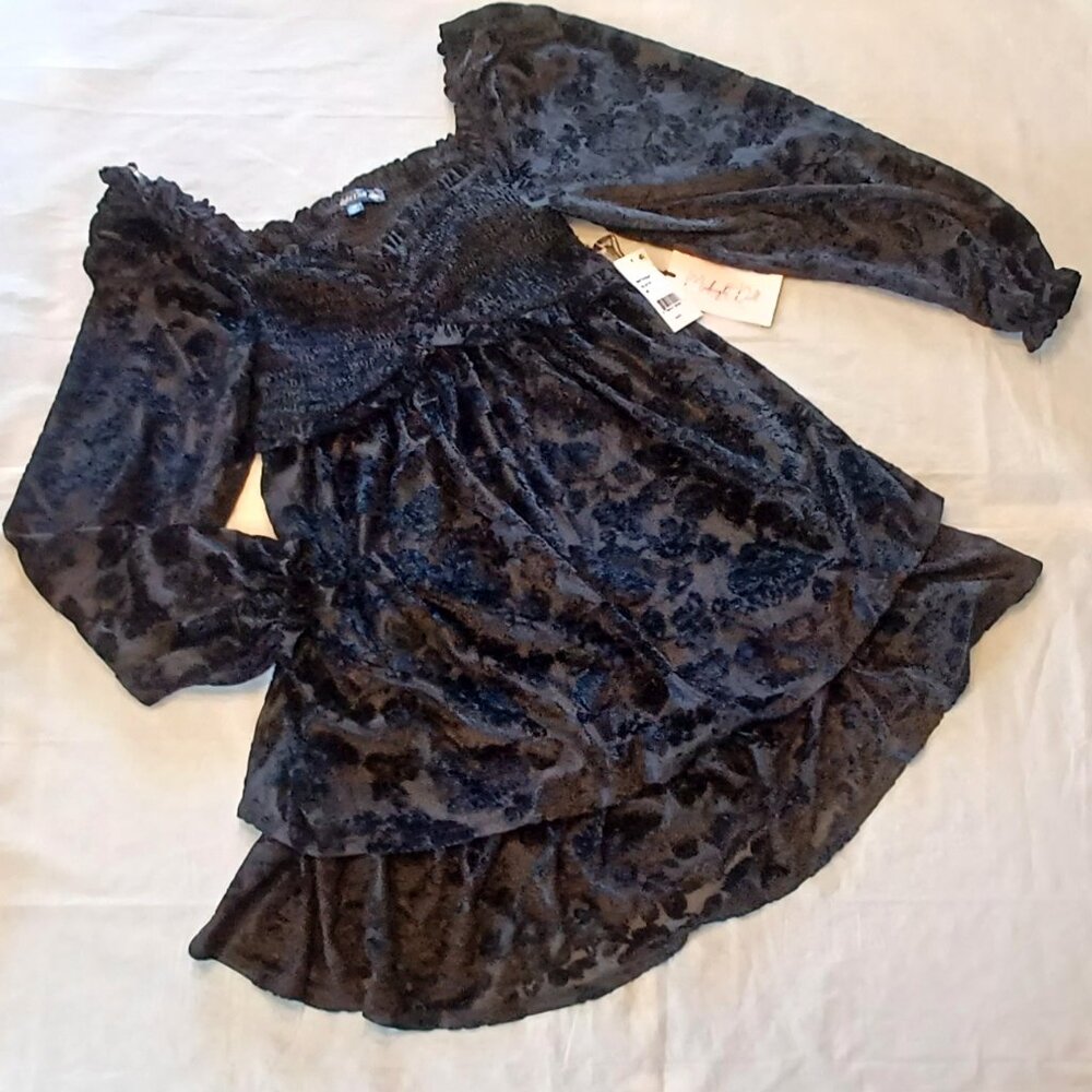 M Black Midnight Doll Black Square Neck Ruffle Long Sleeve Floral Babydoll Dress